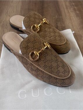 Gucci Tan Suede GG Horsebit Mules - Size 6.5